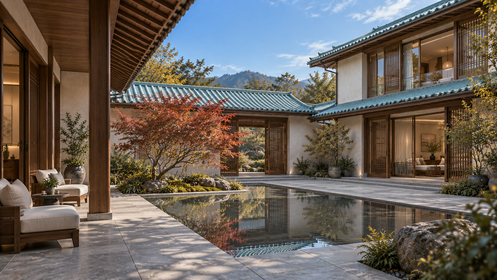内庭院，浅水池映着天空，一株红叶槭树立在深挑檐下