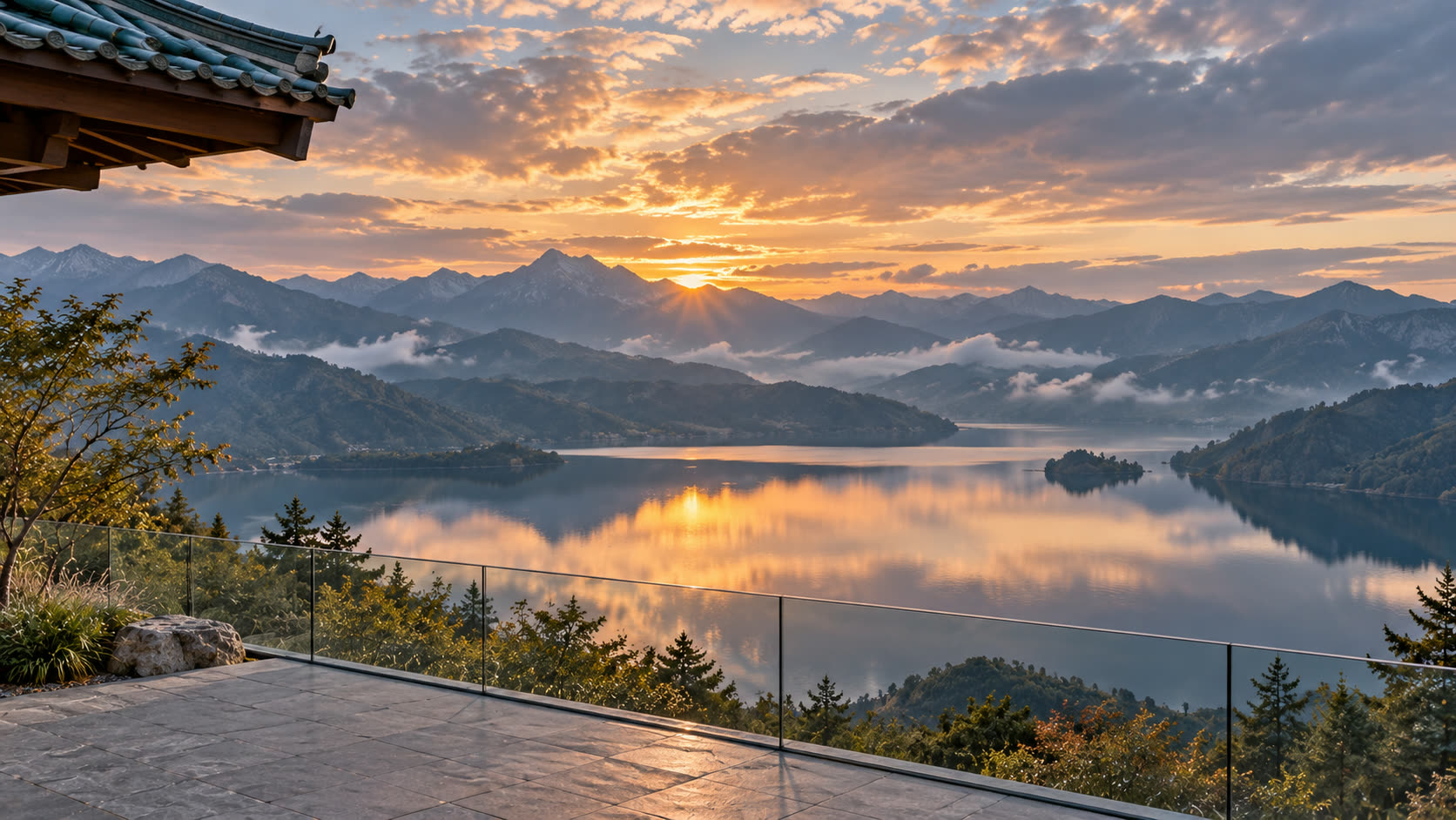 清晨从露台望出去的湖面与层叠山脊，天边有霞光
