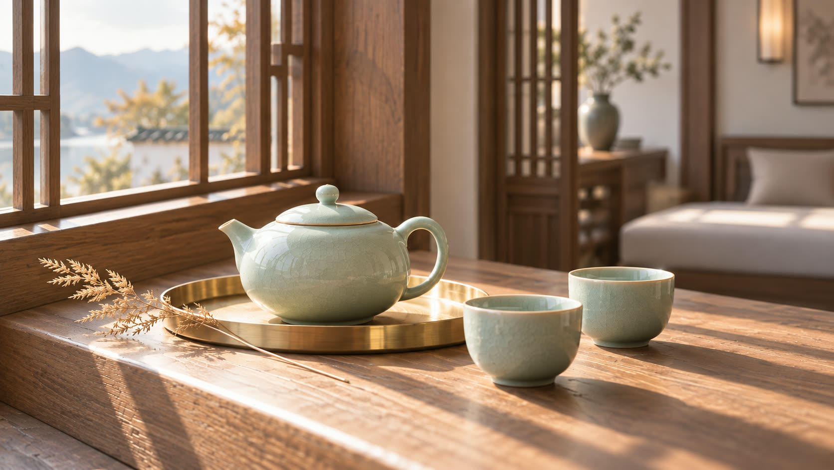 实木窗台上的青瓷茶壶与两只素杯，放在薄黄铜托盘上，硬光从左侧斜切进来