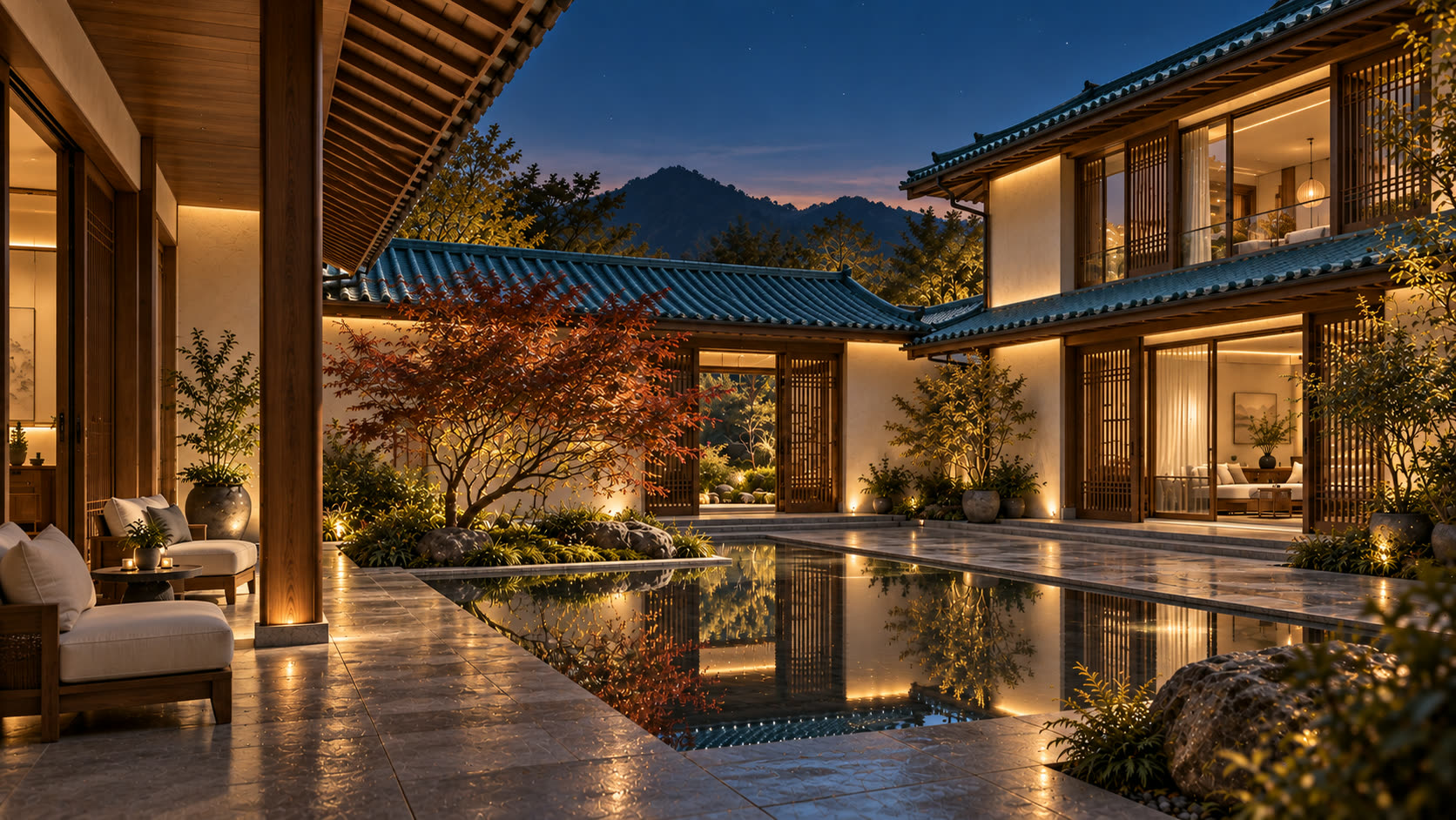 夜间庭院，暖光洗亮屋檐与墙面，水池接住全部反光